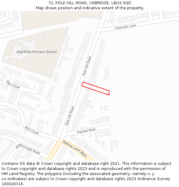 72, POLE HILL ROAD, UXBRIDGE, UB10 0QD: Location map and indicative extent of plot