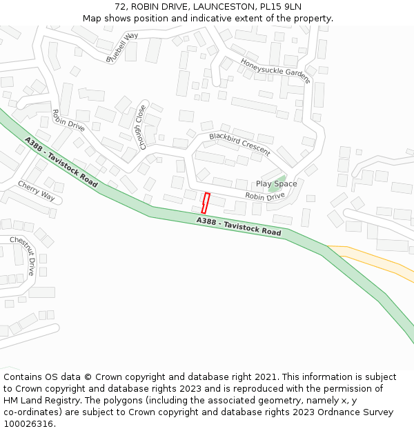 72, ROBIN DRIVE, LAUNCESTON, PL15 9LN: Location map and indicative extent of plot