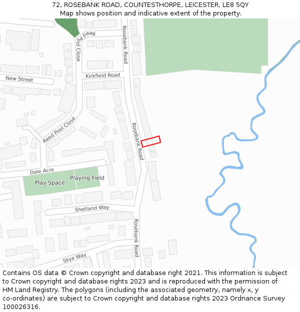 72, ROSEBANK ROAD, COUNTESTHORPE, LEICESTER, LE8 5QY: Location map and indicative extent of plot