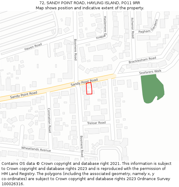 72, SANDY POINT ROAD, HAYLING ISLAND, PO11 9RR: Location map and indicative extent of plot