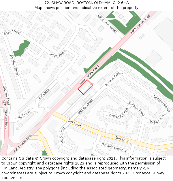 72, SHAW ROAD, ROYTON, OLDHAM, OL2 6HA: Location map and indicative extent of plot
