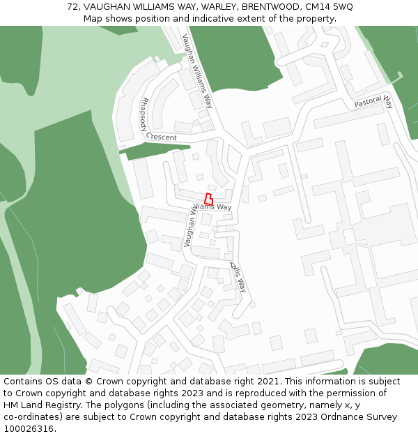 72, VAUGHAN WILLIAMS WAY, WARLEY, BRENTWOOD, CM14 5WQ: Location map and indicative extent of plot
