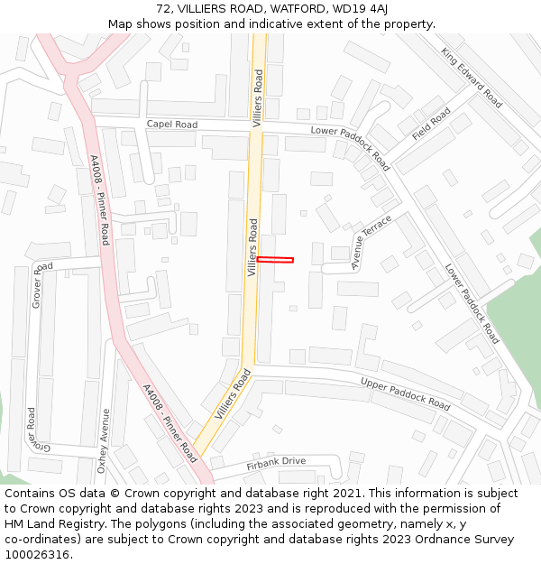 72, VILLIERS ROAD, WATFORD, WD19 4AJ: Location map and indicative extent of plot