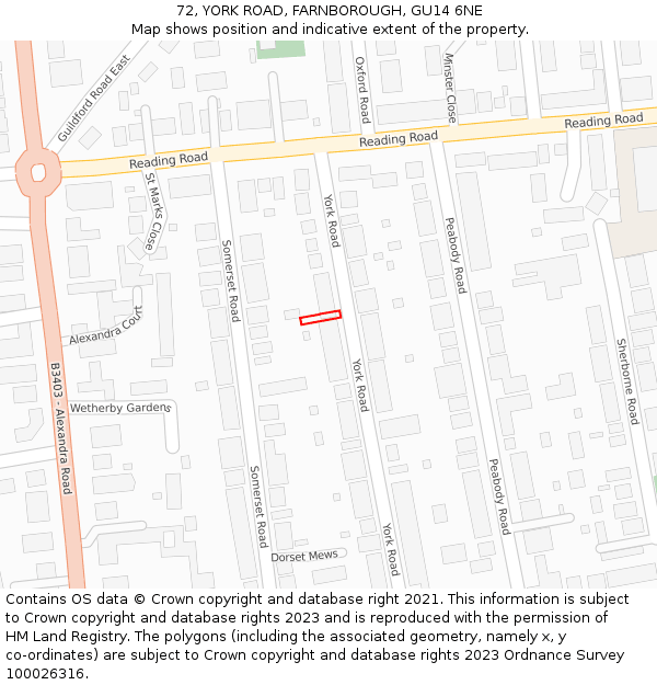 72, YORK ROAD, FARNBOROUGH, GU14 6NE: Location map and indicative extent of plot