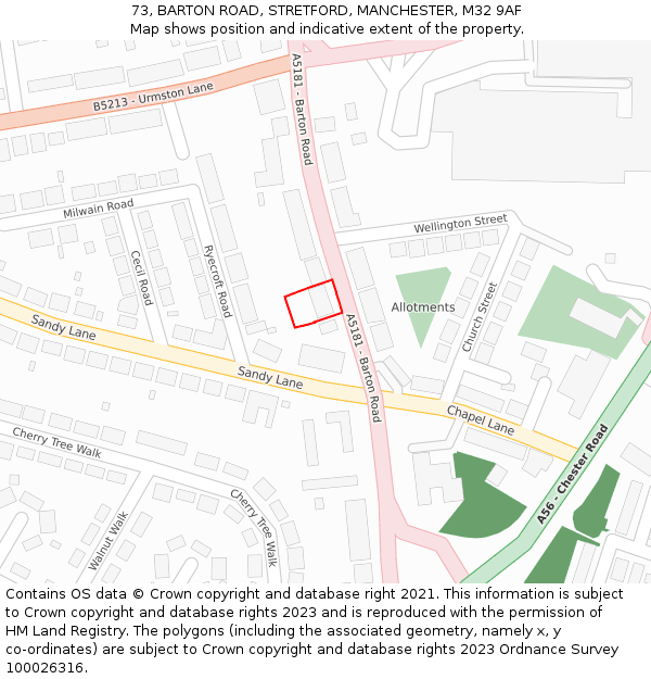 73, BARTON ROAD, STRETFORD, MANCHESTER, M32 9AF: Location map and indicative extent of plot