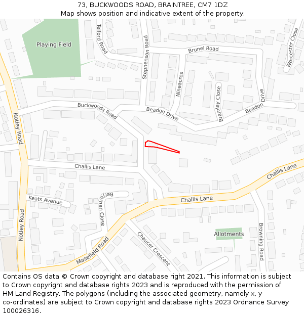73, BUCKWOODS ROAD, BRAINTREE, CM7 1DZ: Location map and indicative extent of plot