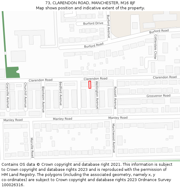 73, CLARENDON ROAD, MANCHESTER, M16 8JF: Location map and indicative extent of plot