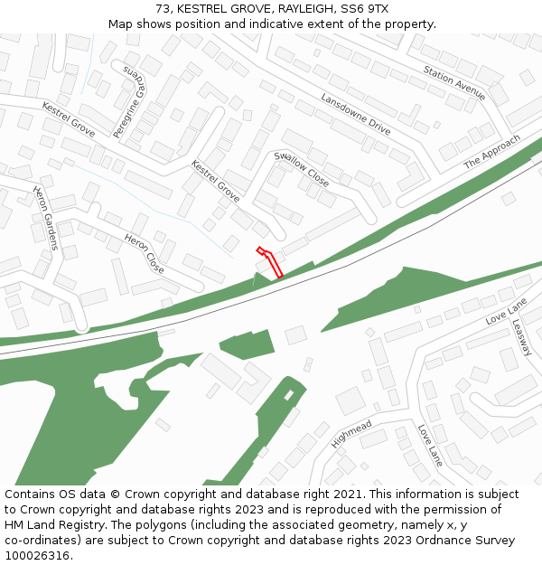 73, KESTREL GROVE, RAYLEIGH, SS6 9TX: Location map and indicative extent of plot
