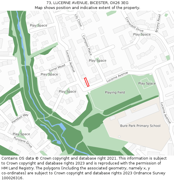 73, LUCERNE AVENUE, BICESTER, OX26 3EG: Location map and indicative extent of plot