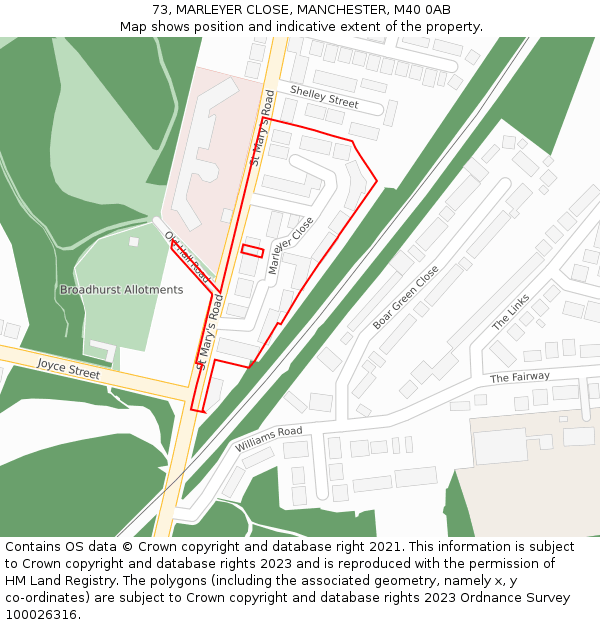 73, MARLEYER CLOSE, MANCHESTER, M40 0AB: Location map and indicative extent of plot