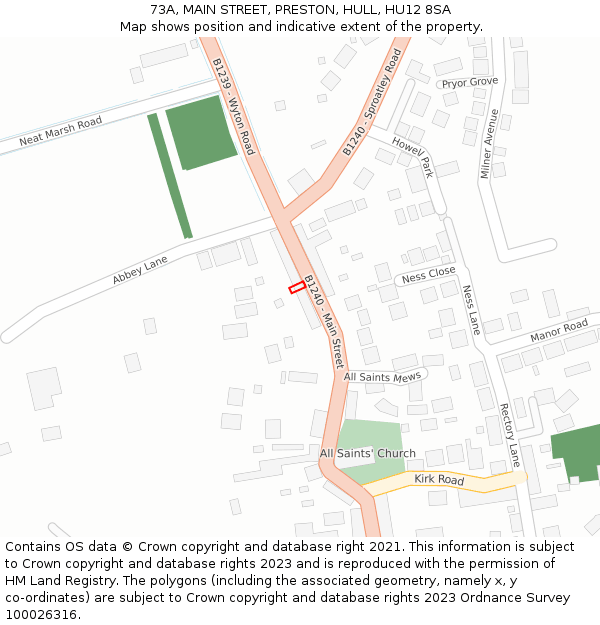 73A, MAIN STREET, PRESTON, HULL, HU12 8SA: Location map and indicative extent of plot