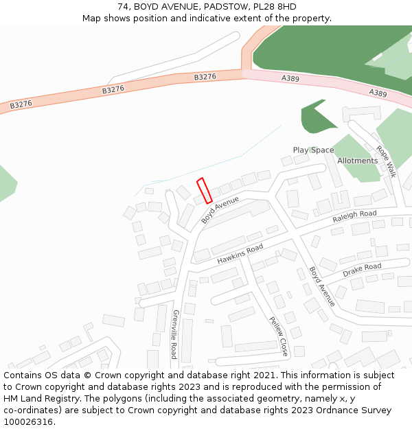 74, BOYD AVENUE, PADSTOW, PL28 8HD: Location map and indicative extent of plot