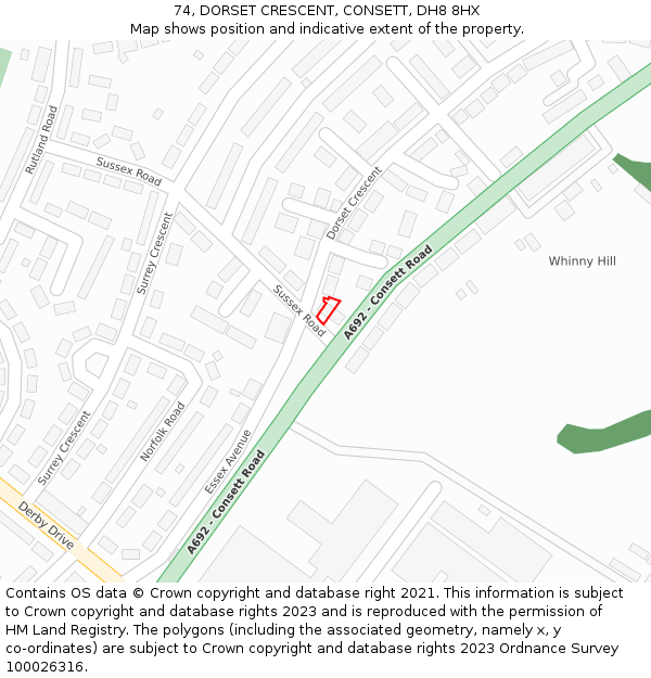 74, DORSET CRESCENT, CONSETT, DH8 8HX: Location map and indicative extent of plot