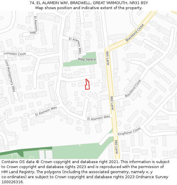 74, EL ALAMEIN WAY, BRADWELL, GREAT YARMOUTH, NR31 8SY: Location map and indicative extent of plot