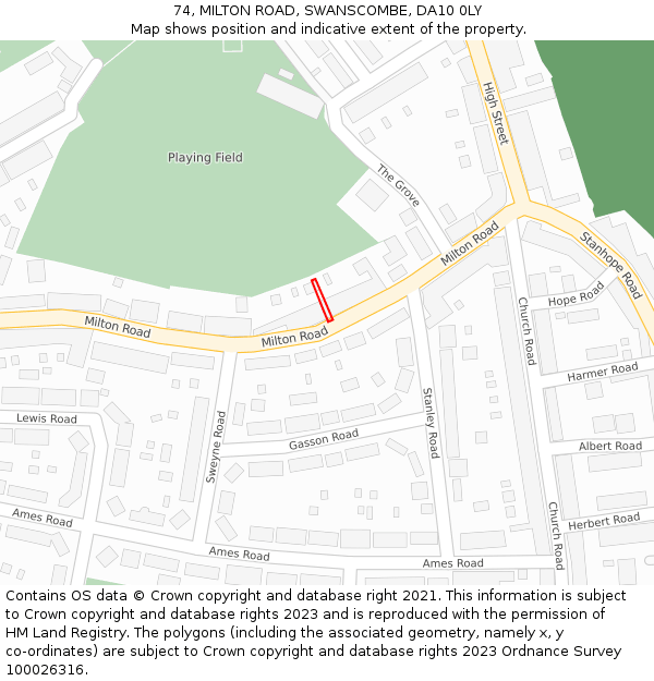 74, MILTON ROAD, SWANSCOMBE, DA10 0LY: Location map and indicative extent of plot