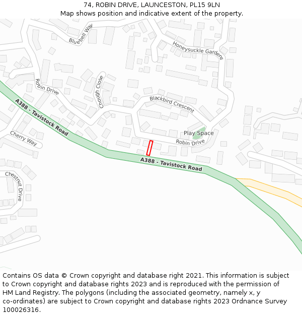 74, ROBIN DRIVE, LAUNCESTON, PL15 9LN: Location map and indicative extent of plot
