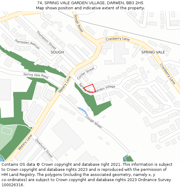 74, SPRING VALE GARDEN VILLAGE, DARWEN, BB3 2HS: Location map and indicative extent of plot