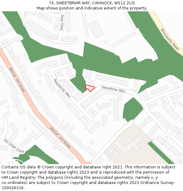 74, SWEETBRIAR WAY, CANNOCK, WS12 2US: Location map and indicative extent of plot