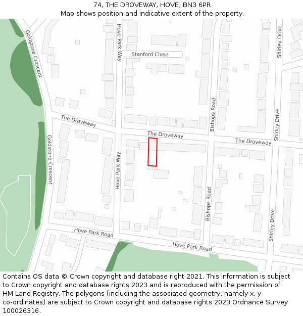 74, THE DROVEWAY, HOVE, BN3 6PR: Location map and indicative extent of plot