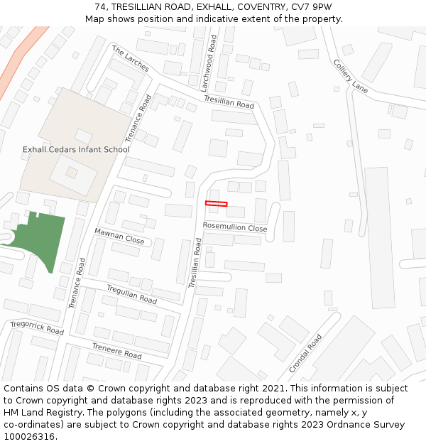 74, TRESILLIAN ROAD, EXHALL, COVENTRY, CV7 9PW: Location map and indicative extent of plot