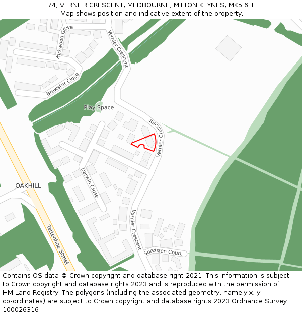 74, VERNIER CRESCENT, MEDBOURNE, MILTON KEYNES, MK5 6FE: Location map and indicative extent of plot