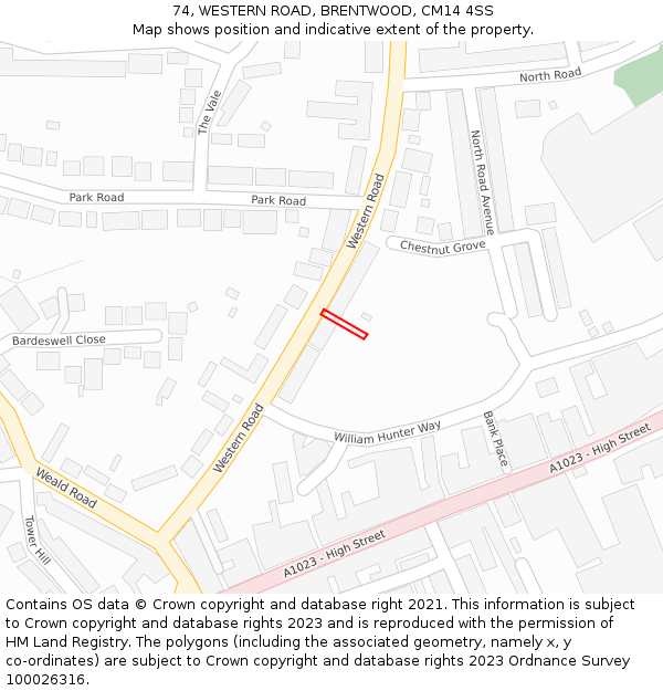 74, WESTERN ROAD, BRENTWOOD, CM14 4SS: Location map and indicative extent of plot
