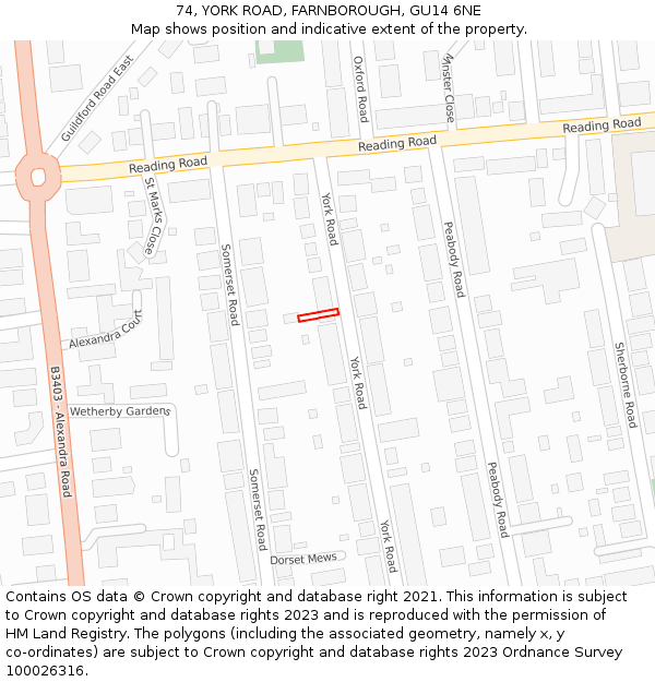 74, YORK ROAD, FARNBOROUGH, GU14 6NE: Location map and indicative extent of plot