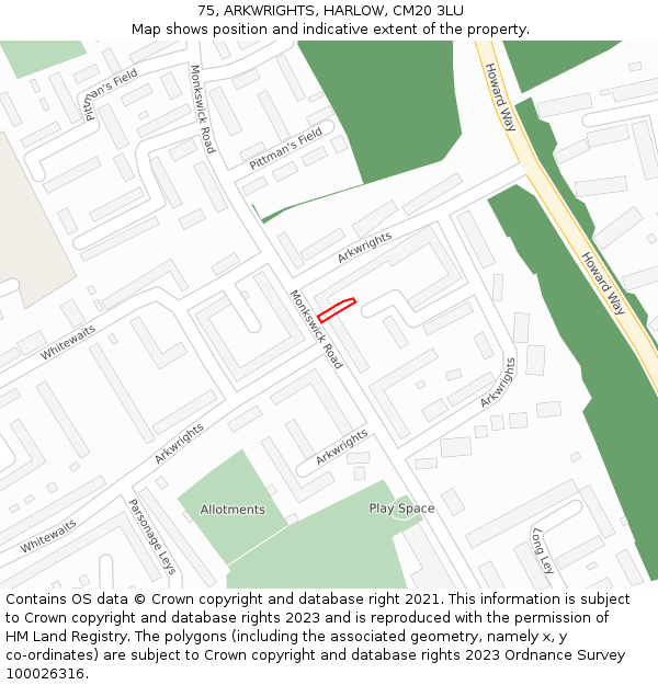 75, ARKWRIGHTS, HARLOW, CM20 3LU: Location map and indicative extent of plot