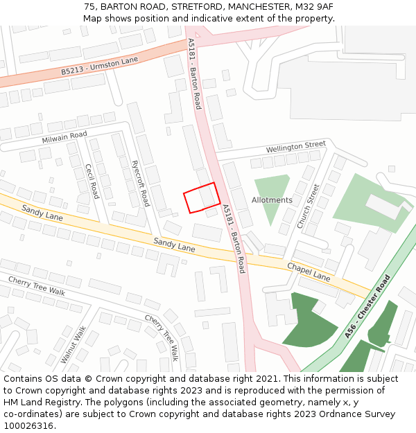 75, BARTON ROAD, STRETFORD, MANCHESTER, M32 9AF: Location map and indicative extent of plot