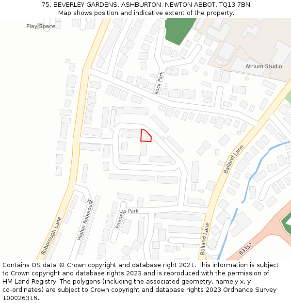 75, BEVERLEY GARDENS, ASHBURTON, NEWTON ABBOT, TQ13 7BN: Location map and indicative extent of plot
