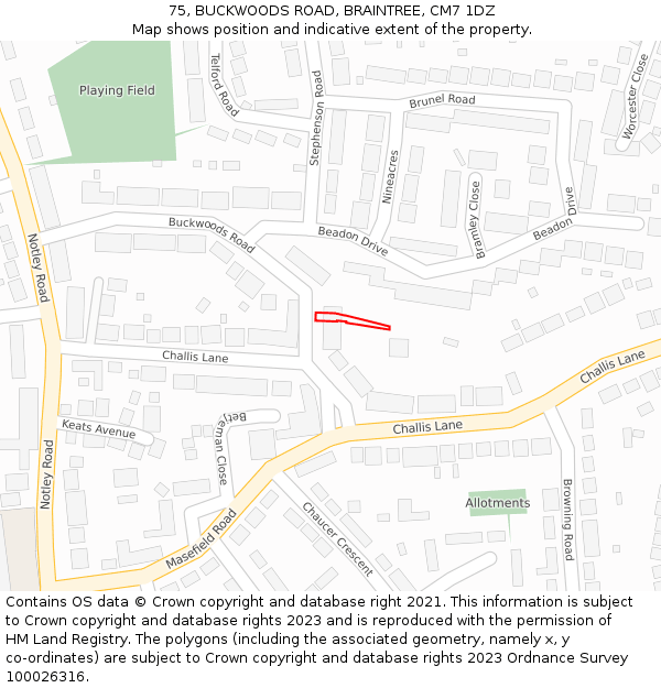 75, BUCKWOODS ROAD, BRAINTREE, CM7 1DZ: Location map and indicative extent of plot