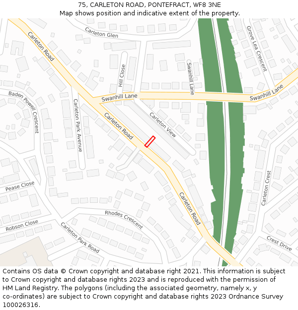 75, CARLETON ROAD, PONTEFRACT, WF8 3NE: Location map and indicative extent of plot