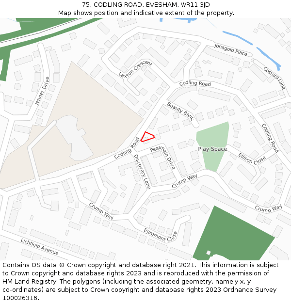 75, CODLING ROAD, EVESHAM, WR11 3JD: Location map and indicative extent of plot