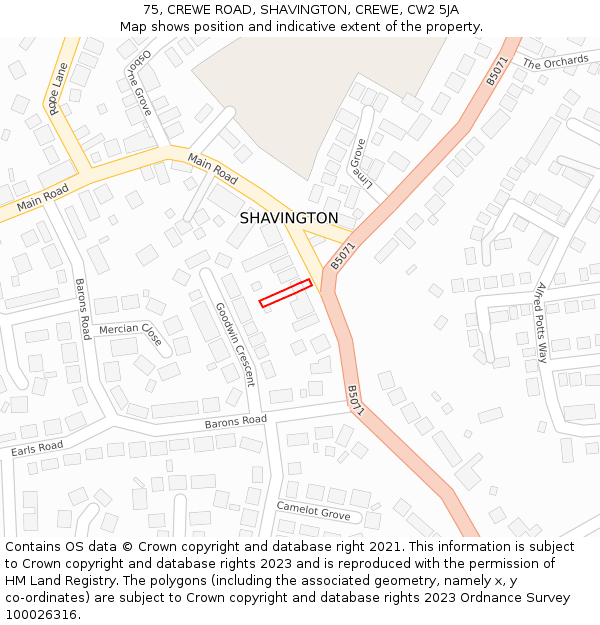 75, CREWE ROAD, SHAVINGTON, CREWE, CW2 5JA: Location map and indicative extent of plot