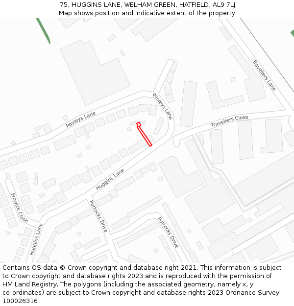 75, HUGGINS LANE, WELHAM GREEN, HATFIELD, AL9 7LJ: Location map and indicative extent of plot