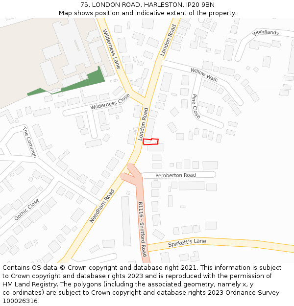75, LONDON ROAD, HARLESTON, IP20 9BN: Location map and indicative extent of plot