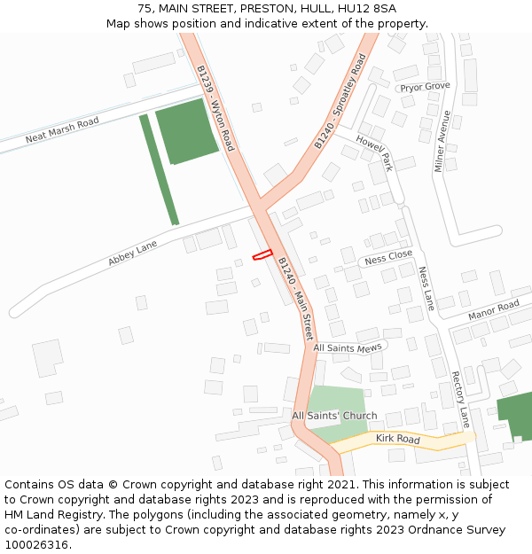 75, MAIN STREET, PRESTON, HULL, HU12 8SA: Location map and indicative extent of plot