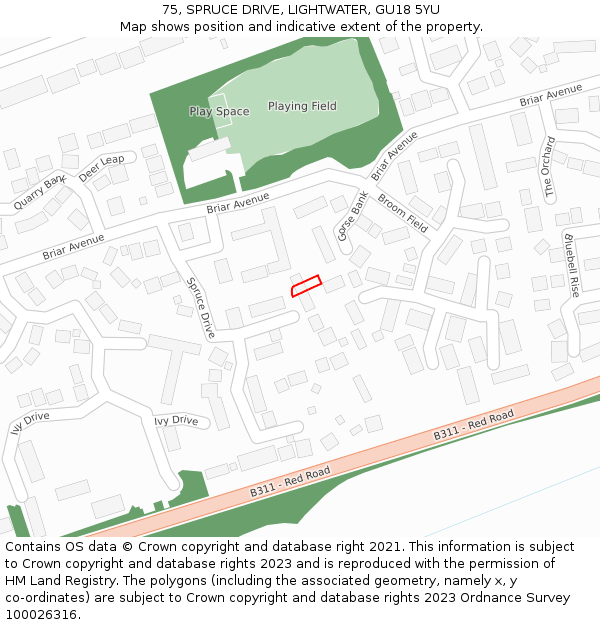 75, SPRUCE DRIVE, LIGHTWATER, GU18 5YU: Location map and indicative extent of plot