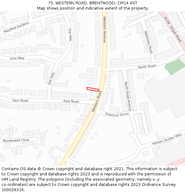 75, WESTERN ROAD, BRENTWOOD, CM14 4ST: Location map and indicative extent of plot