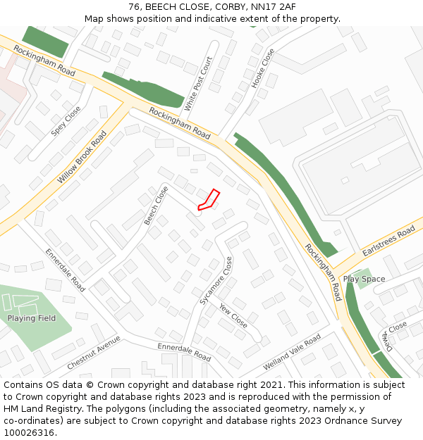 76, BEECH CLOSE, CORBY, NN17 2AF: Location map and indicative extent of plot