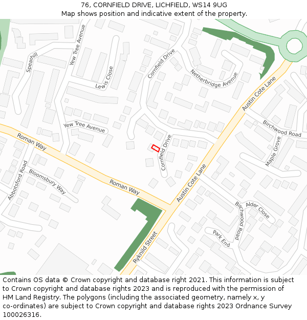 76, CORNFIELD DRIVE, LICHFIELD, WS14 9UG: Location map and indicative extent of plot
