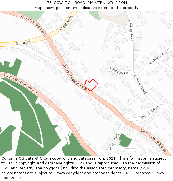 76, COWLEIGH ROAD, MALVERN, WR14 1QN: Location map and indicative extent of plot