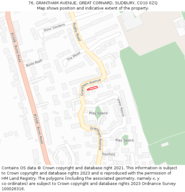 76, GRANTHAM AVENUE, GREAT CORNARD, SUDBURY, CO10 0ZQ: Location map and indicative extent of plot