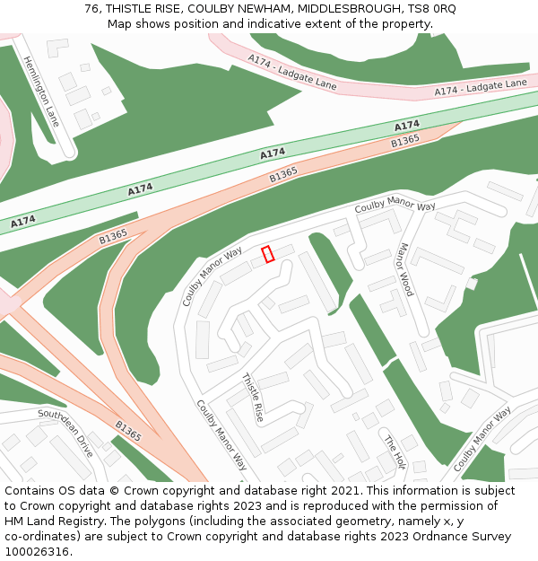 76, THISTLE RISE, COULBY NEWHAM, MIDDLESBROUGH, TS8 0RQ: Location map and indicative extent of plot