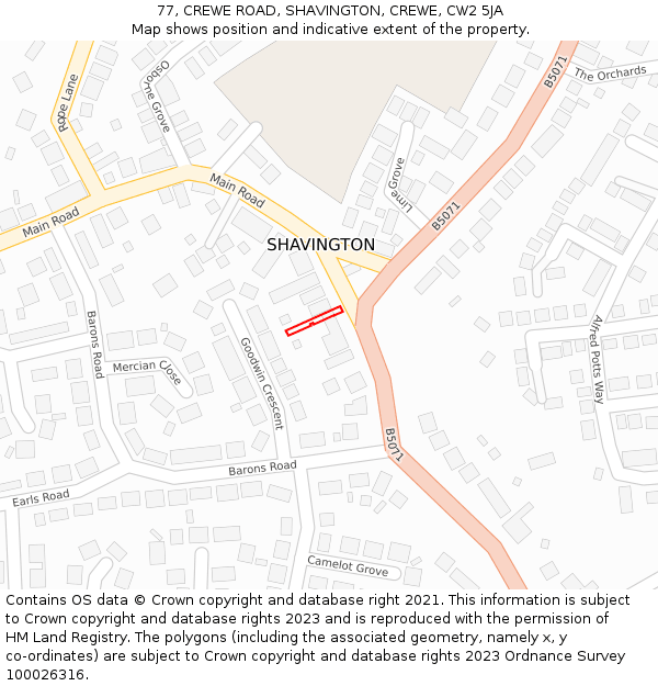 77, CREWE ROAD, SHAVINGTON, CREWE, CW2 5JA: Location map and indicative extent of plot