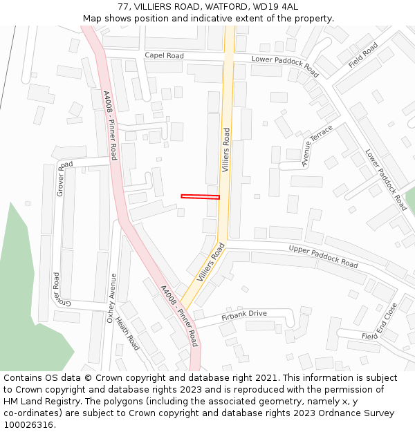 77, VILLIERS ROAD, WATFORD, WD19 4AL: Location map and indicative extent of plot