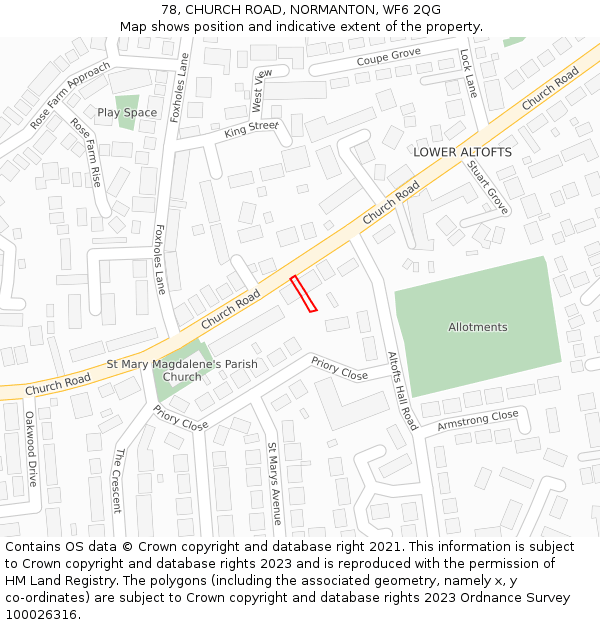 78, CHURCH ROAD, NORMANTON, WF6 2QG: Location map and indicative extent of plot