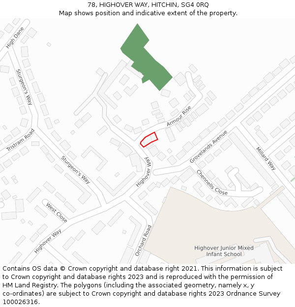 78, HIGHOVER WAY, HITCHIN, SG4 0RQ: Location map and indicative extent of plot