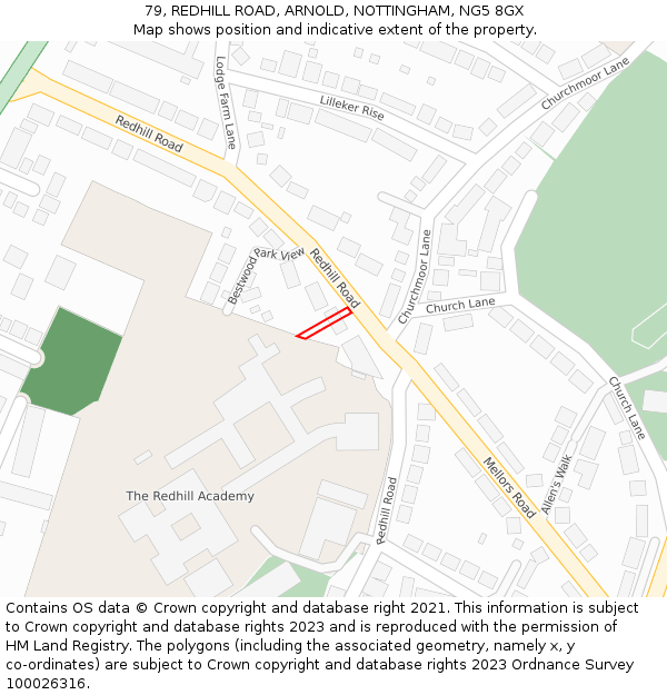 79, REDHILL ROAD, ARNOLD, NOTTINGHAM, NG5 8GX: Location map and indicative extent of plot