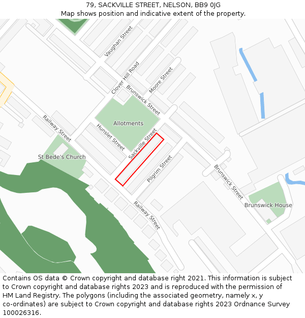 79, SACKVILLE STREET, NELSON, BB9 0JG: Location map and indicative extent of plot